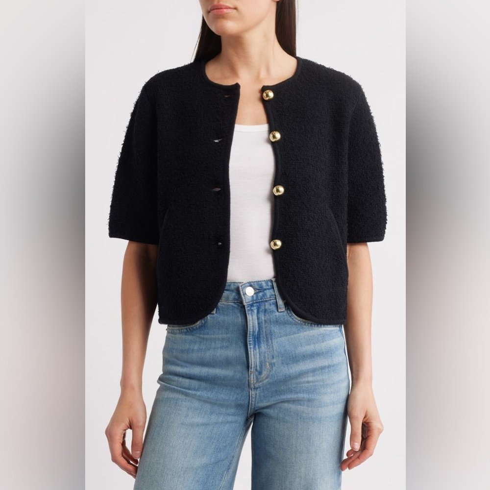 Aritzia & Other Stories Black Short-Sleeve Bouclé Cardigan with Gold Buttons